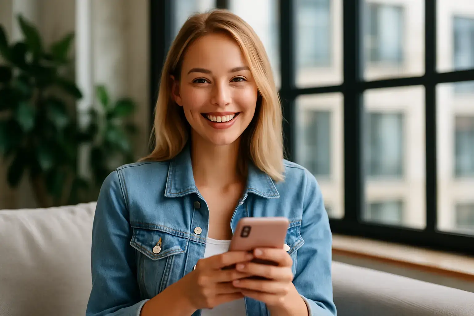  Junge blonde Frau mit strahlendem Lächeln blickt in die Kamera – Symbol für erfolgreich auf OnlyFans Geld verdienen.