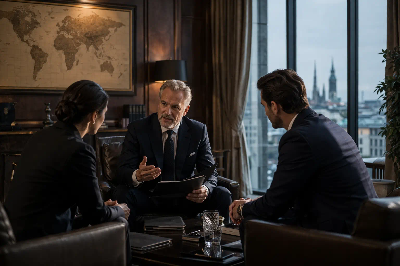 Ein Beratungsgespräch mit 2 Männern und einer Frau über Diplomatenstatus erhalten und Honorarkonsul werden.