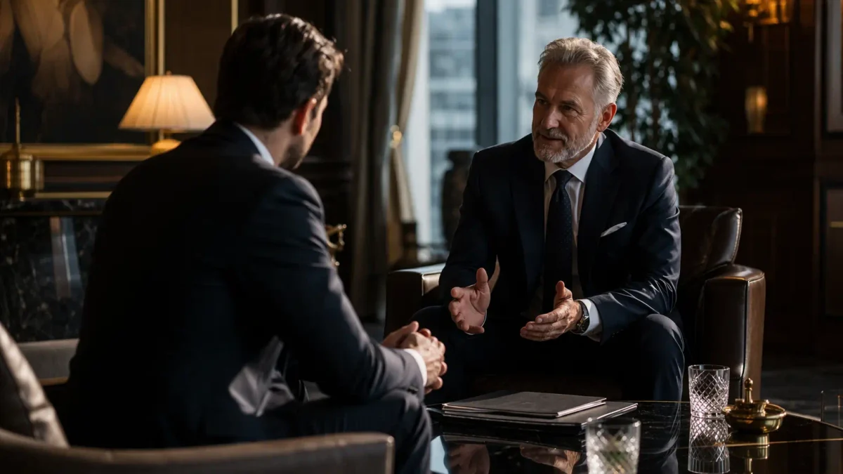 Ein Gespräch im eleganten Rahmen mit einem Diplomaten über das Thema Diplomatenstatus erhalten.