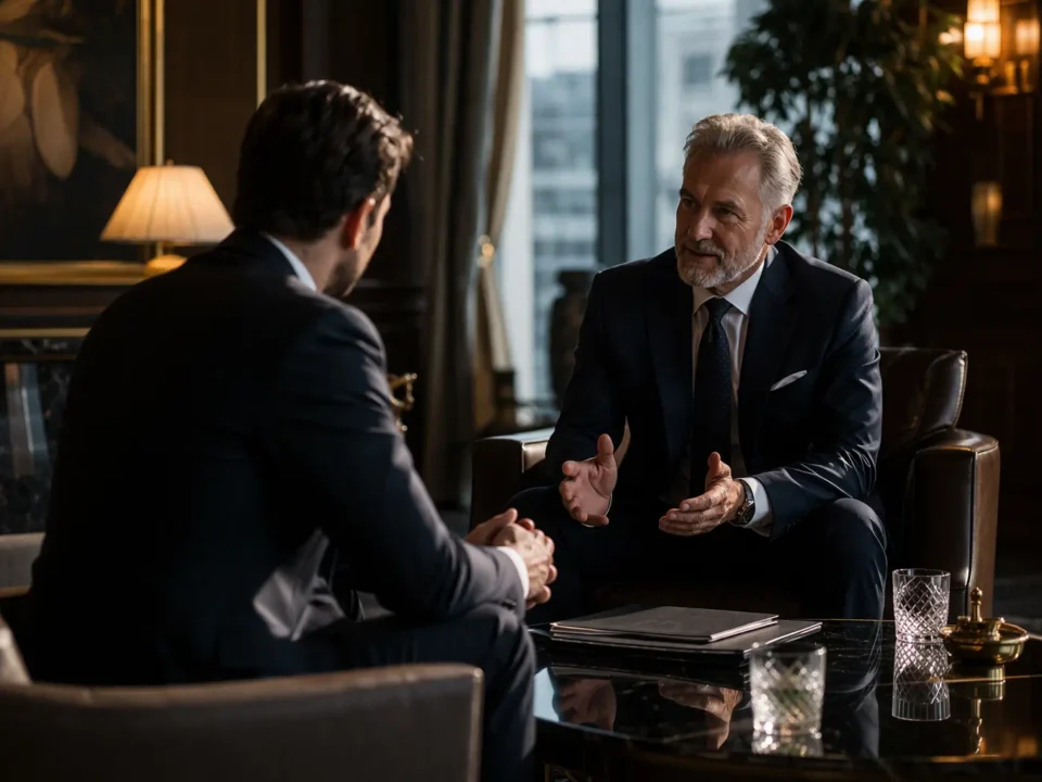 Ein Gespräch im eleganten Rahmen mit einem Diplomaten über das Thema Diplomatenstatus erhalten.