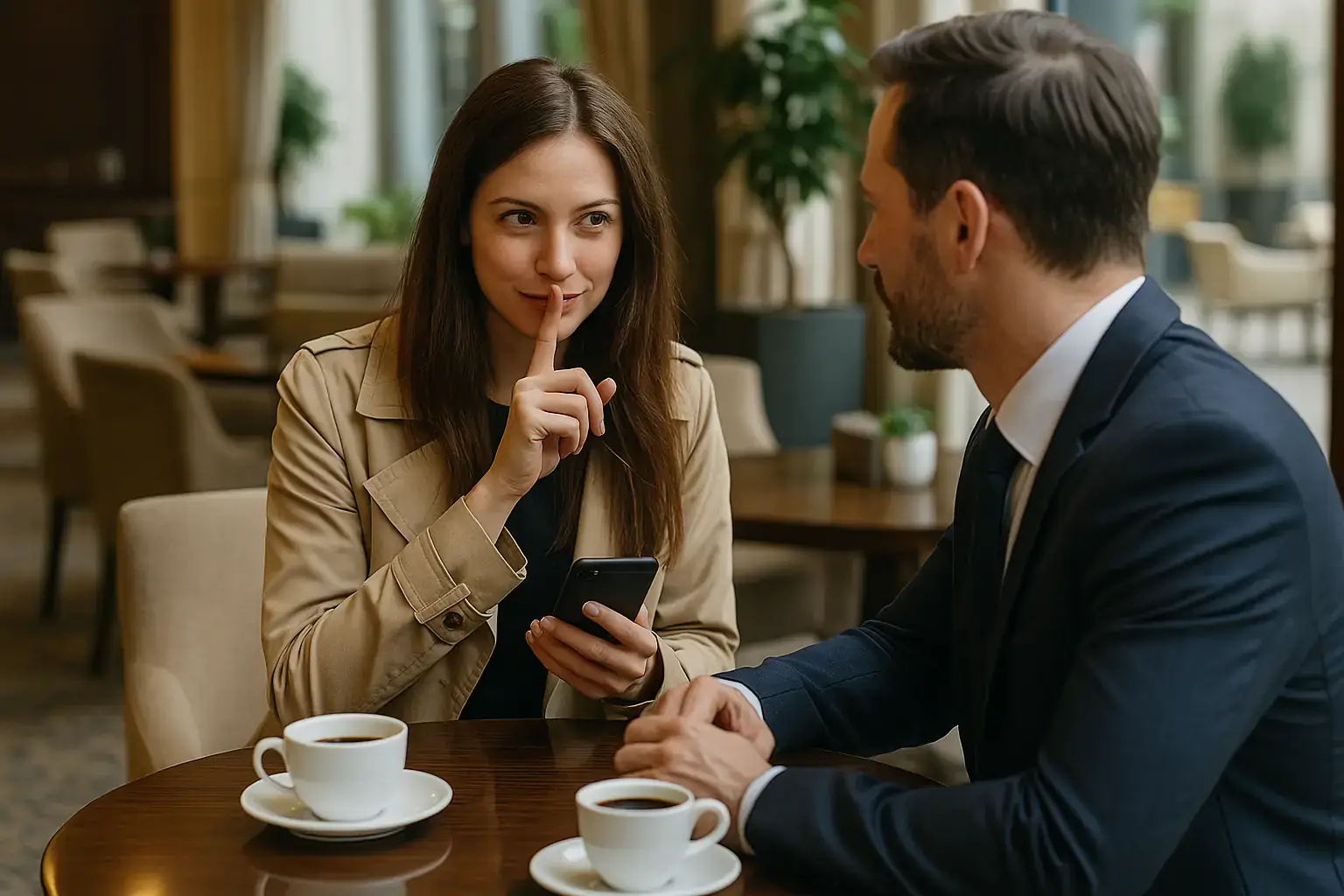 Frau in Trenchcoat hält den Finger vor den Mund, während sie mit einem Mann im Anzug bei Kaffee in einer Hotellounge spricht – Symbolbild für Affäre verheimlichen.