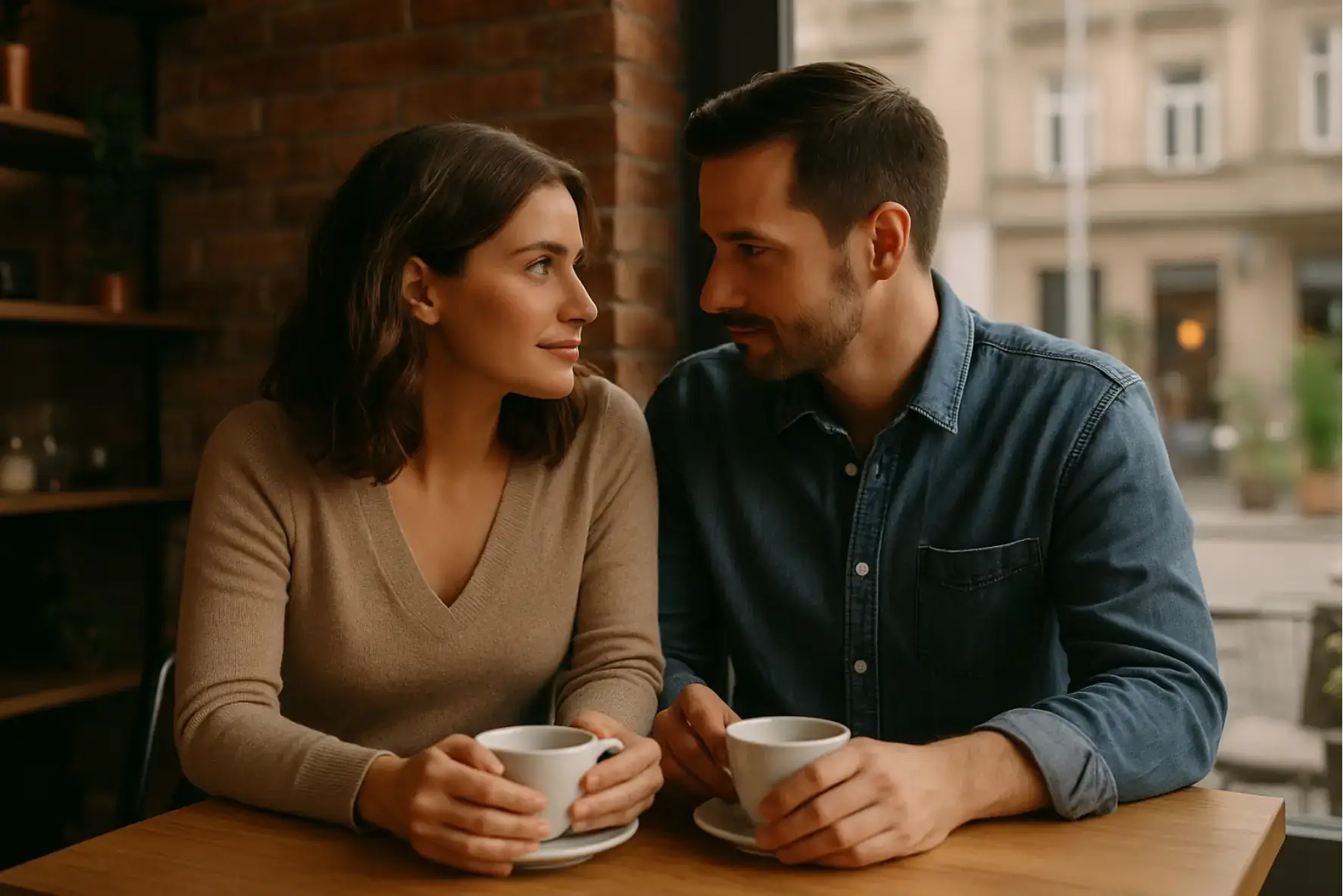 Heimliches Treffen eines Paares in einem Café – Affäre mit Vorsicht und Strategie