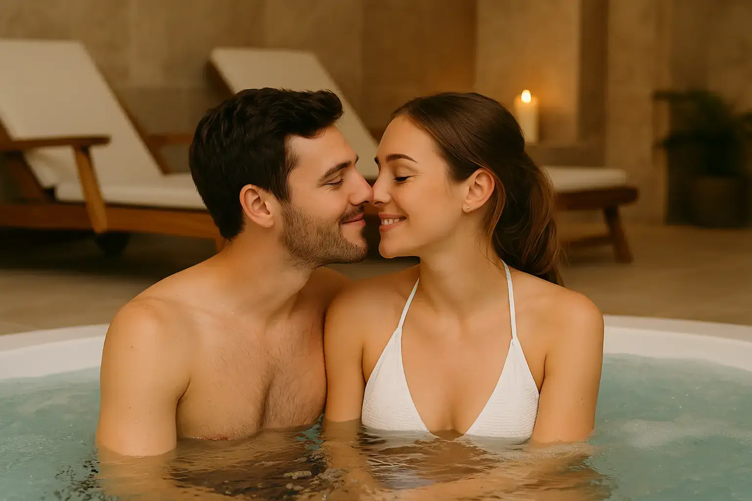 Verliebtes Paar sitzt eng umschlungen in einem Whirlpool eines Spa-Bereichs – romantischer Moment im Verborgenen.
