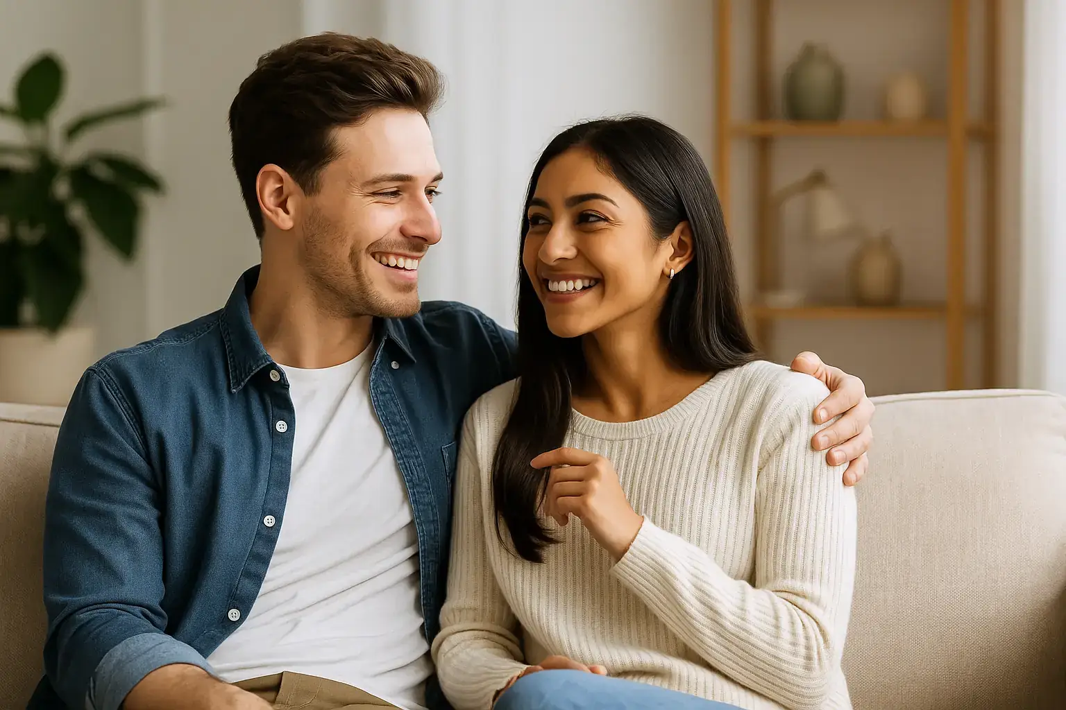 Junges Paar zu Hause auf dem Sofa bei freundlicher Stimmung, als Symbol für die Ex-Partnerin zurückgewinnen.