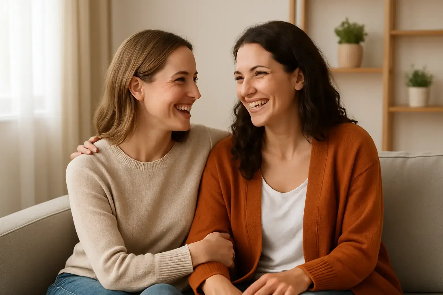 Zwei Frauen sitzen fröhlich auf dem Sofa und unterhalten sich vertraut – Symbol für Mietfreundin als Begleitung auch für weibliche Klientinnen.
