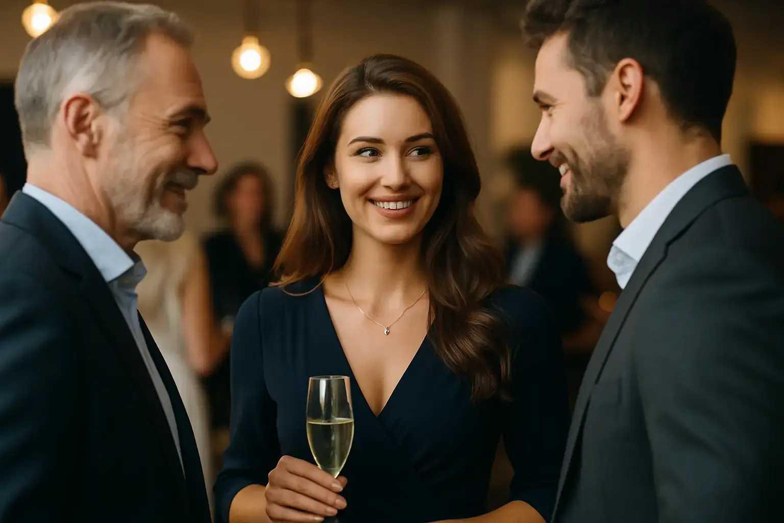  Elegante Menschen bei einem stilvollen Abend-Event, mit sympathischer Atmosphäre – Symbol für soziale Anerkennung, Erfolg und gezielte Wirkung