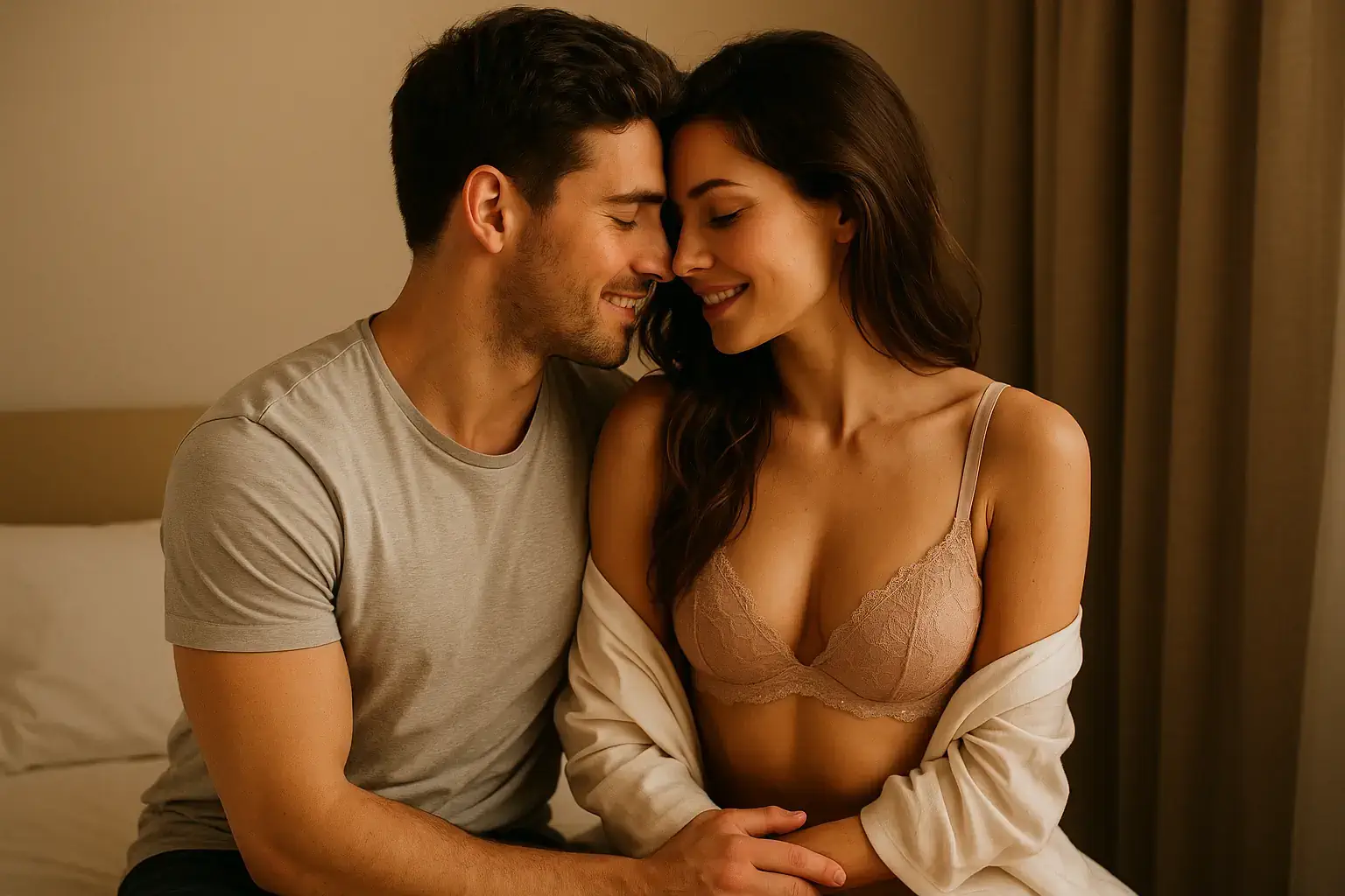 Ein junges Paar mit fitten Körpern sitzt eng umschlungen in einem stilvollen, privaten Raum. Ihre Körpersprache zeigt Vertrautheit, Leidenschaft und ein tiefes emotionales Band.
