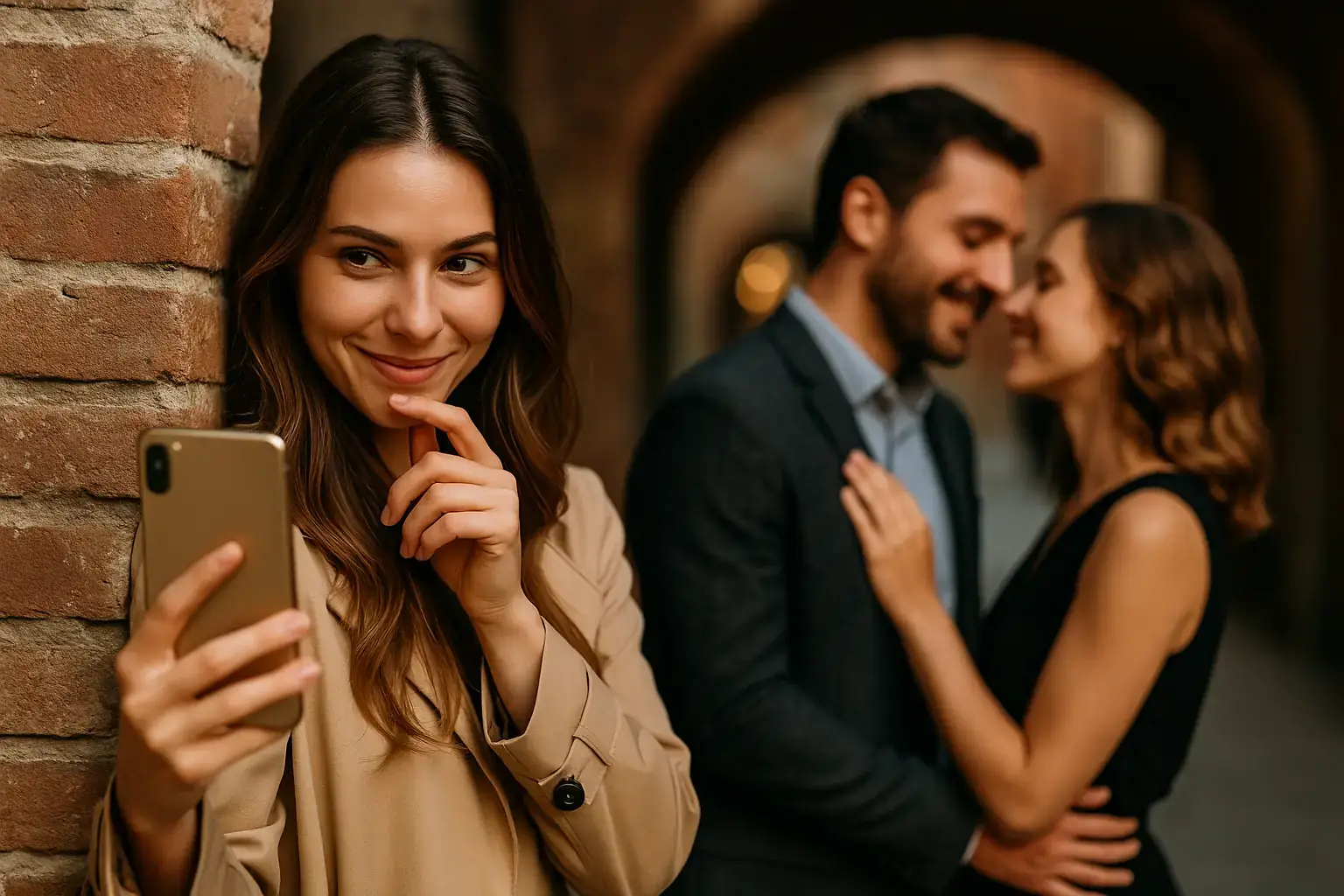 Junge Frau beobachtet heimlich ein verliebtes Paar und fotografiert sie mit dem Smartphone – Symbolbild für diskrete Rache der Racheagentur.