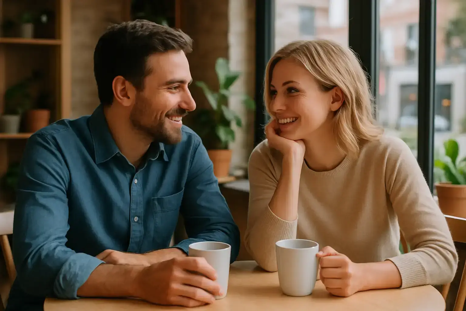 Ein Mann und eine Frau mit hellem Teint treffen sich an einem Café-Tisch im Alltag – beide lächeln dezent und wirken vertraut, als ob sie ein diskretes Gespräch führen.