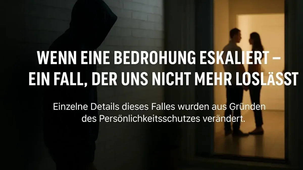 Ein Stalker im Schatten beobachtet ein Paar im beleuchteten Eingangsbereich ihres Hauses – bildhafte Darstellung einer unsichtbaren Bedrohung von außen.