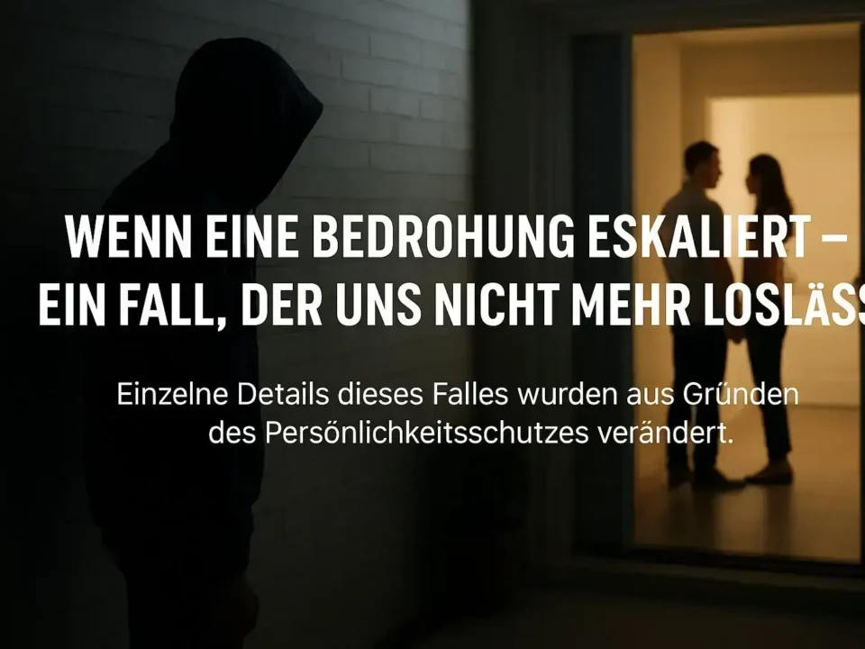 Ein Stalker im Schatten beobachtet ein Paar im beleuchteten Eingangsbereich ihres Hauses – bildhafte Darstellung einer unsichtbaren Bedrohung von außen.