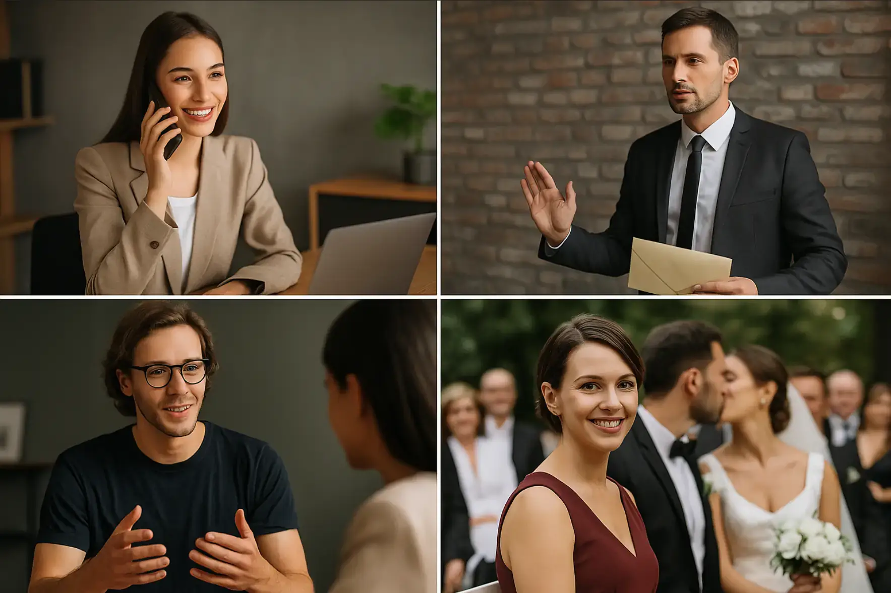 Vier professionelle Szenen zeigen Mitarbeitende der Alibiagentur bei einem Telefongespräch, einer Übergabe, einem Beratungsgespräch und einer fingierten Hochzeit