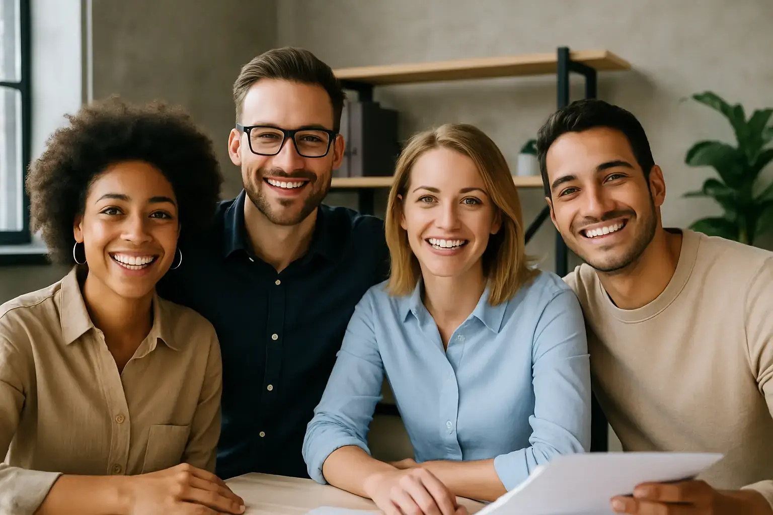 Vier freundliche junge Menschen sitzen lachend zusammen in einem modernen Büro der Alibi Agentur – symbolisch für das kreative, diverse Team einer Alibiagentur