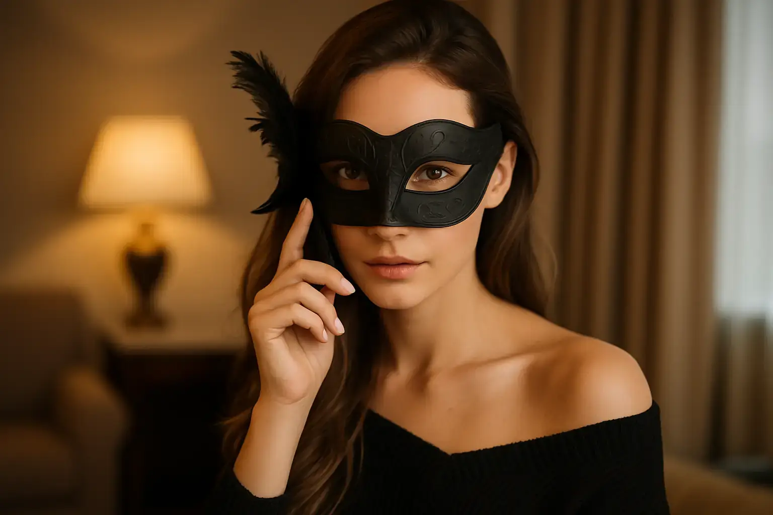  Eine moderne junge Frau mit stilvoller Maske – steht für Anonymität, Selbstbewusstsein und kreative Freiheit im diskreten Umfeld der Alibiagentur.