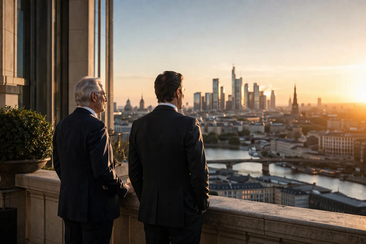 Zwei elegant gekleidete Persönlichkeiten stehen auf einer repräsentativen Terrasse mit Blick über eine internationale Metropole im warmen Abendlicht. Die Szene vermittelt Erfolg, Zukunft, Souveränität und neue internationale Möglichkeiten auf höchster Ebene.
