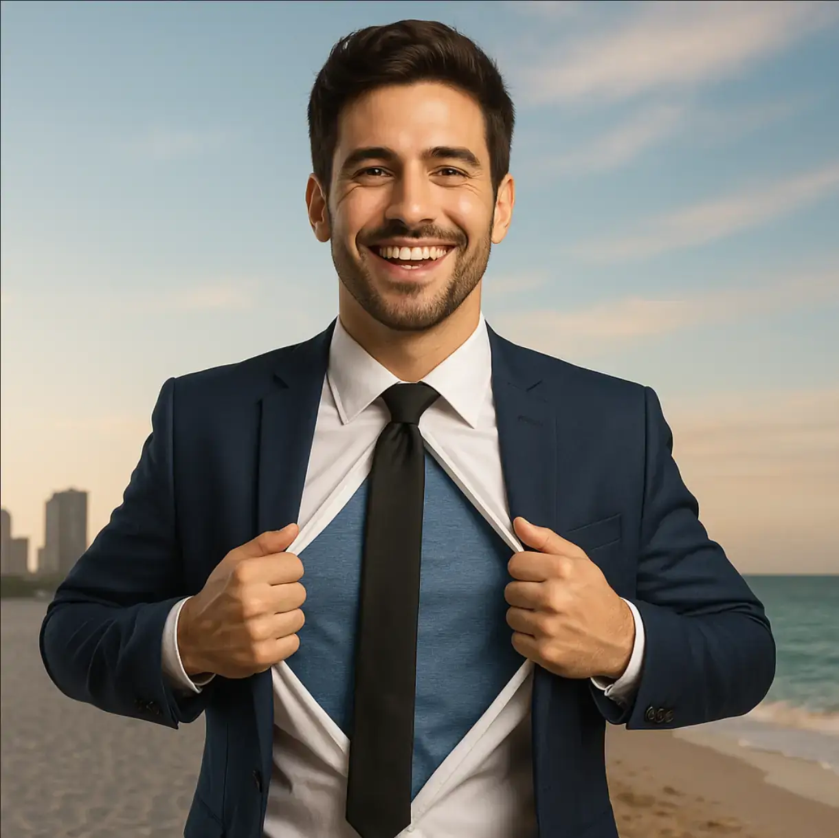 Ein junger Mann mit geteilter Kleidung und Hintergrund – symbolisiert ein positives Doppelleben zwischen Alltag und Freiheit.