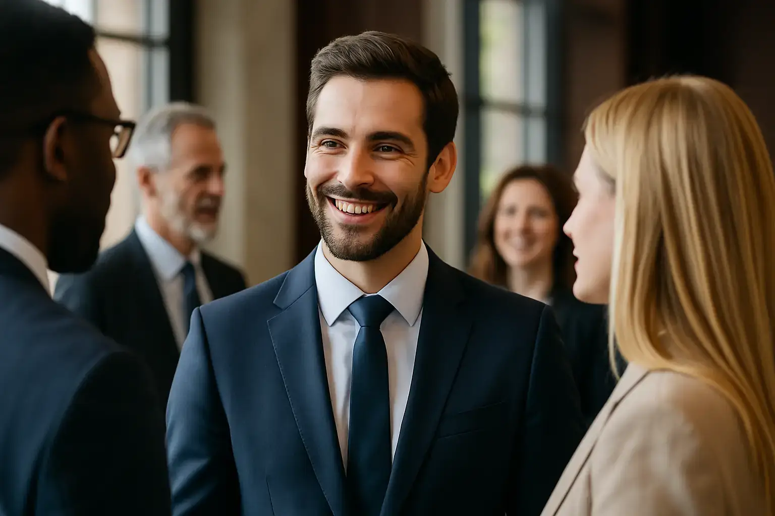  Selbstbewusste Männer in Anzügen bei einem Networking-Event – Symbol für Erfolg, Anerkennung und professionelle Ausstrahlung