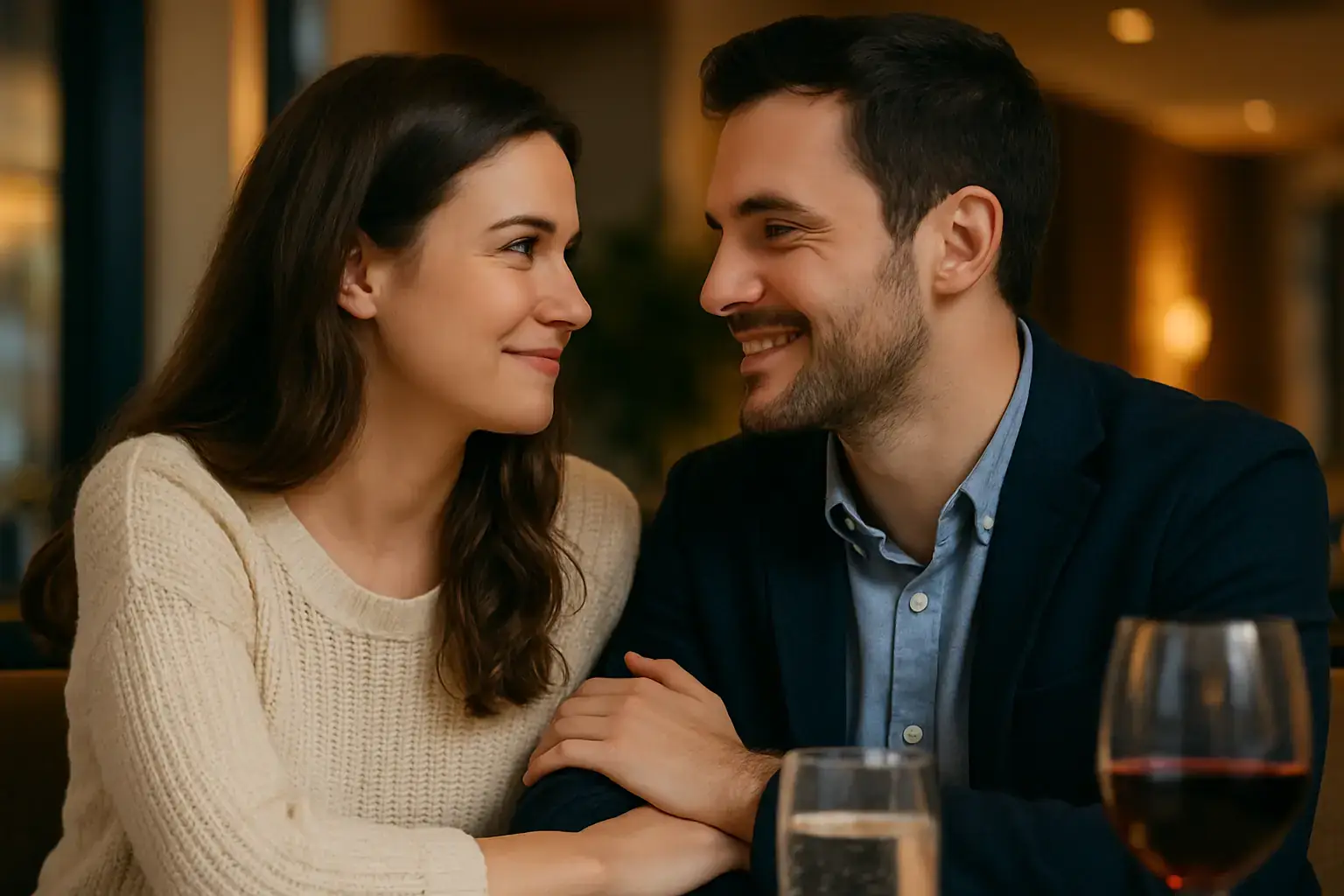 Junges Paar bei emotionalem Wiedersehen im Café – ein Moment voller Gefühl und Hoffnung