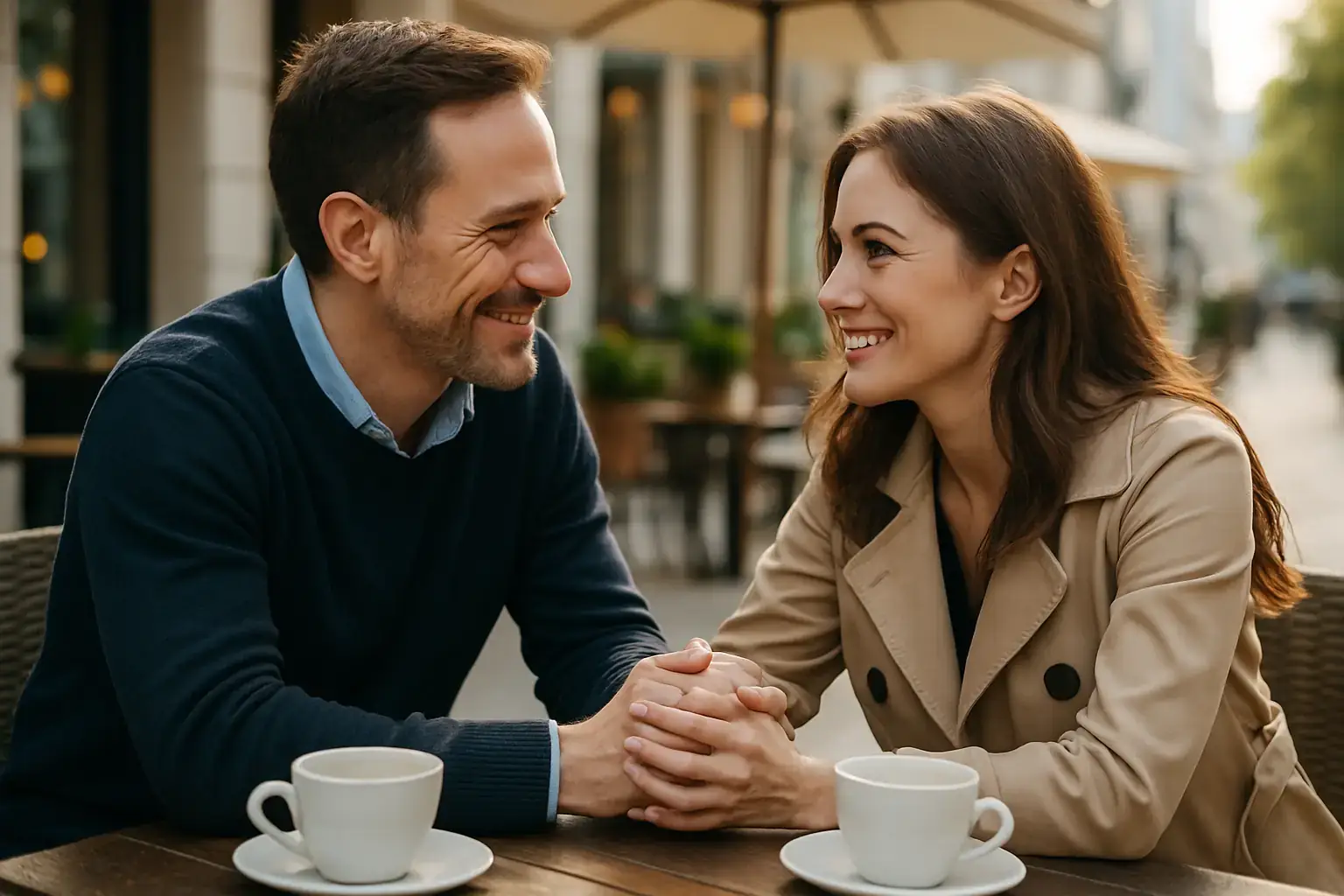 Reifes Paar bei emotionalem Wiedersehen – Symbol für eine zweite Chance in der Liebe