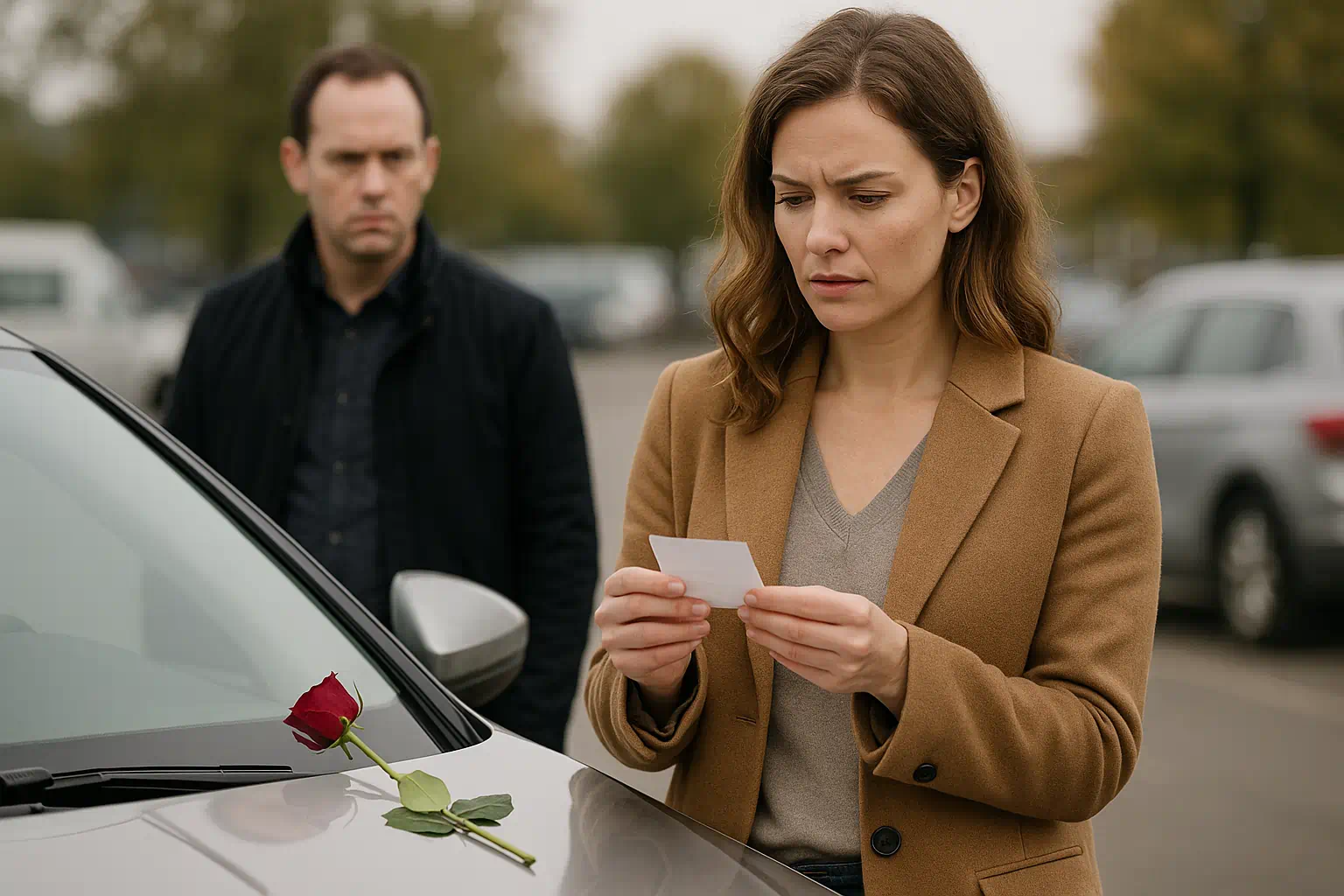 Frau liest Zettel mit Rose an der Frontscheibe, während ihr Ehemann im Hintergrund ernst schaut