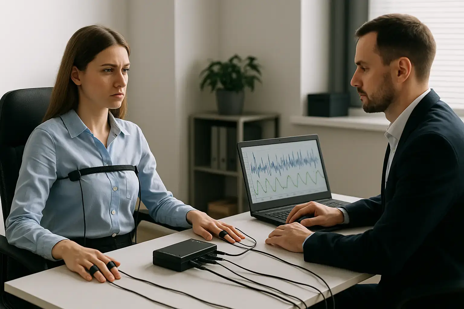 Frau an einem modernen Lügendetektor-Gerät, Mann am Laptop – Symbolbild für einen diskreten Lügendetektor-Test in der Beziehung
