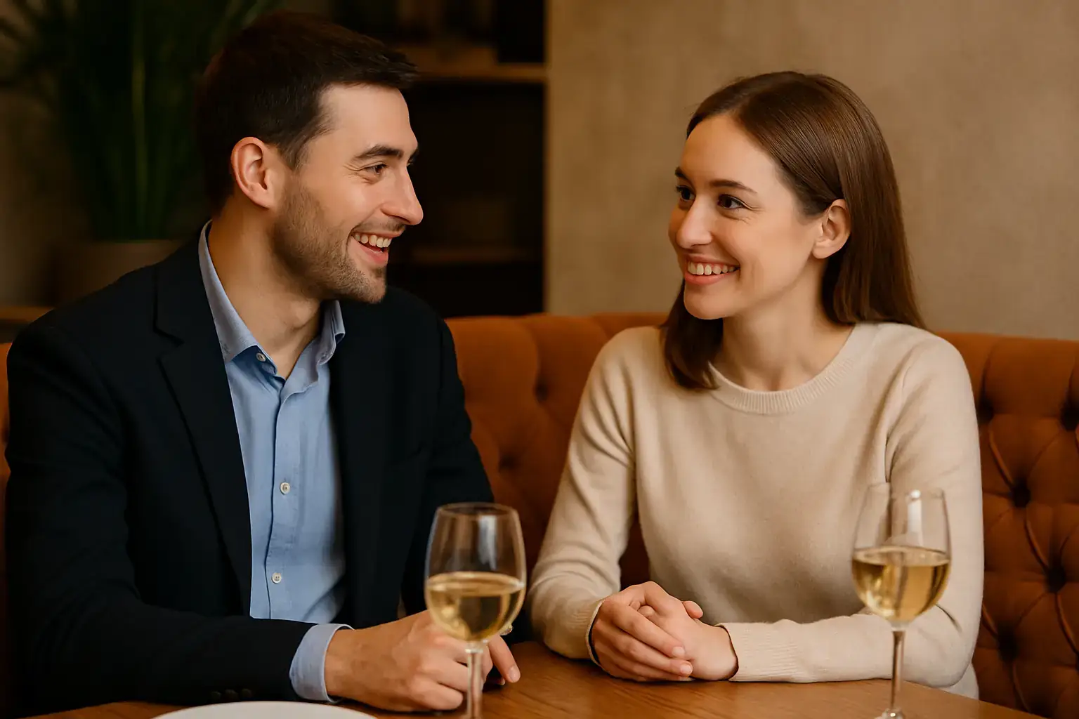 Mann und Frau sitzen sich freundlich gegenüber in einem Restaurant, lachen und führen ein Gespräch – Mietfreundin buchen und eine schöne Zeit verbringen.
