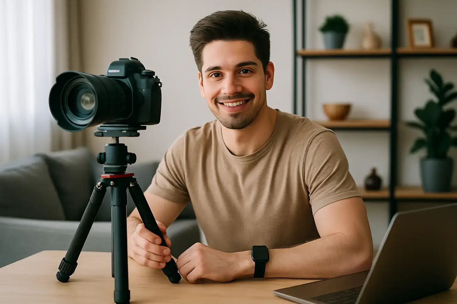  Junger Mann mit Kamera, stilvoll und fokussiert – symbolisiert kreative Content-Erstellung und Privatsphäre auf OnlyFans