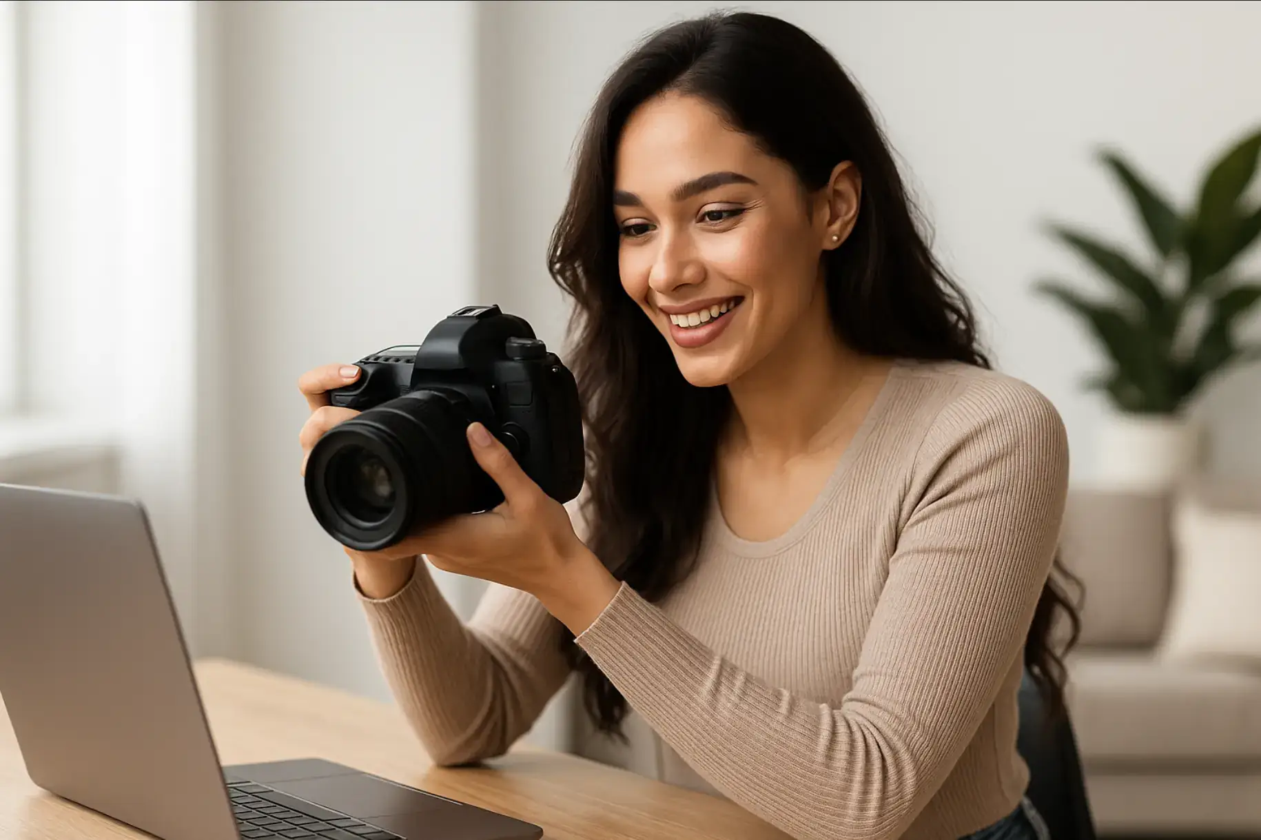  Eine junge Content-Creatorin mit Kamera – steht für Kreativität, Selbstbestimmung und den diskreten Erfolg auf OnlyFans mit Unterstützung der Alibiagentur.