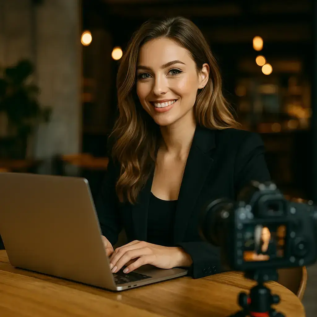  Junge Frau mit Laptop auf dem Schoß, stilvoll und entspannt – Sinnbild für selbstbestimmtes Arbeiten und diskretes Geldverdienen mit OnlyFans