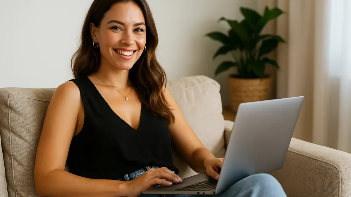 Junge Frau sitzt lässig mit Laptop auf dem Sofa – Symbolbild für erfolgreiche, diskrete Creatorinnen auf OnlyFans