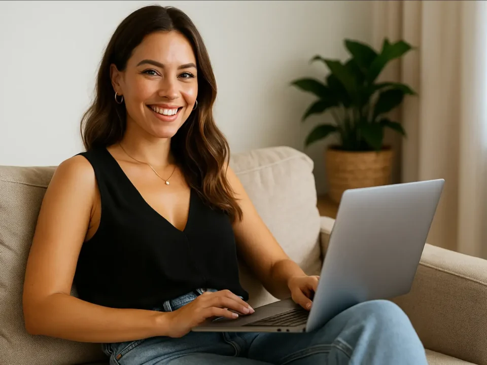 Junge Frau sitzt lässig mit Laptop auf dem Sofa – Symbolbild für erfolgreiche, diskrete Creatorinnen auf OnlyFans