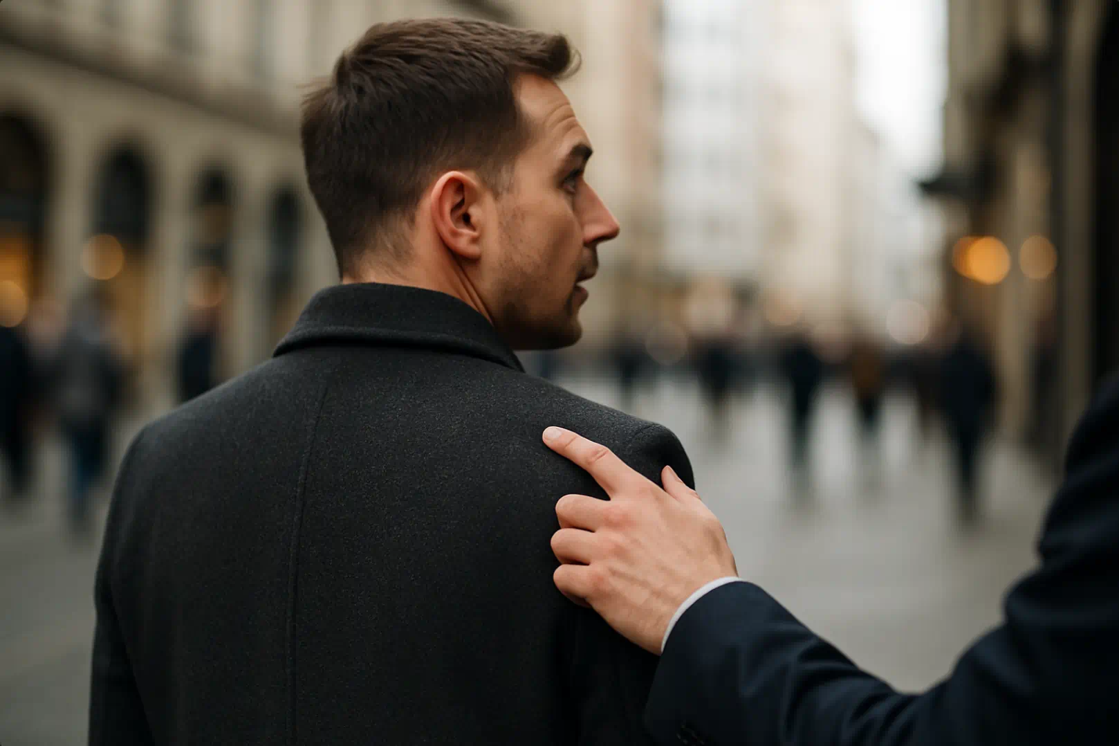 Diskreter Moment – Hand tippt auf die Schulter einer überraschten Person in einer Stadt.