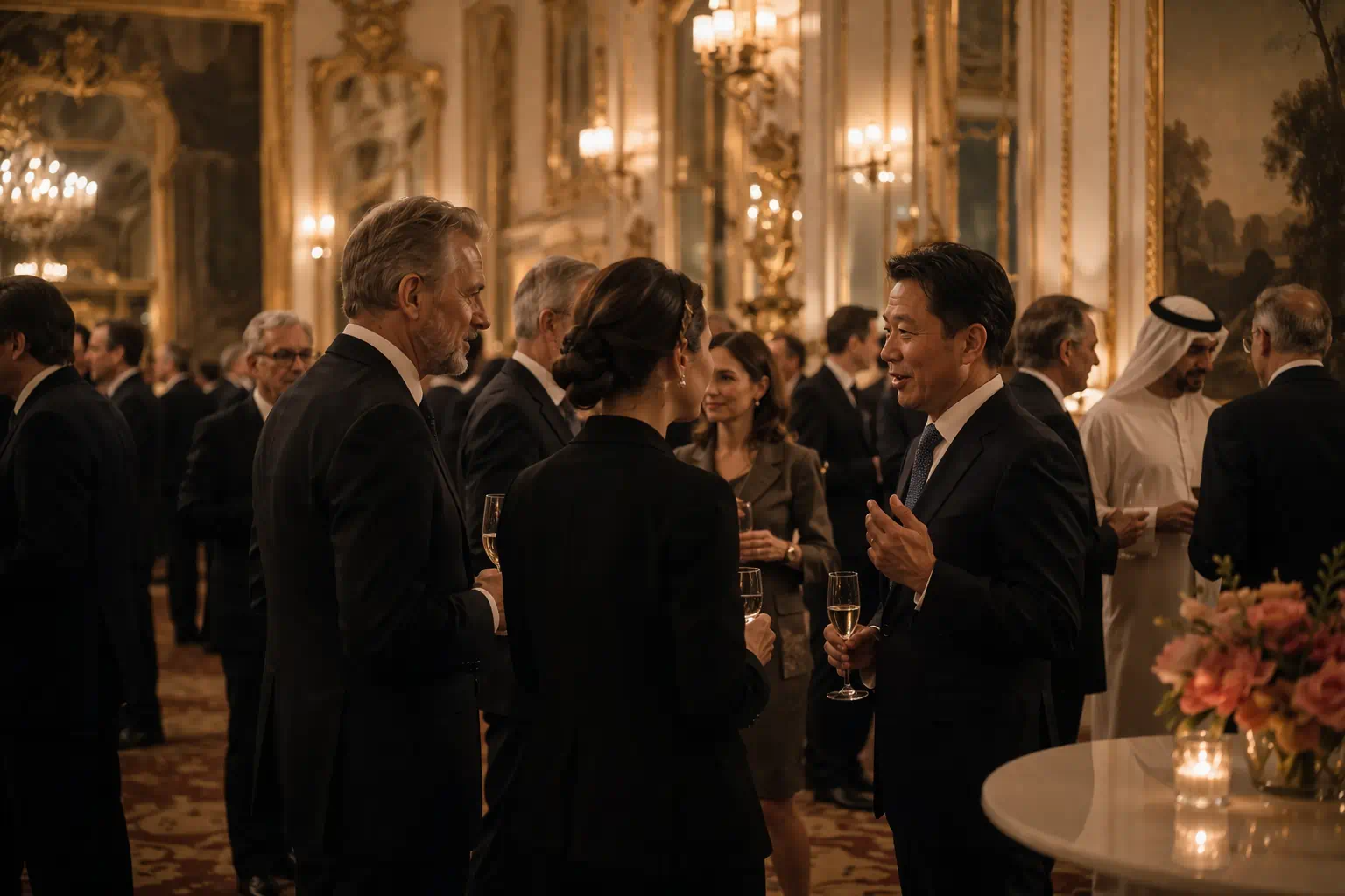 Stilvoll gekleidete Persönlichkeiten bei einem gehobenen Abendempfang in elegantem Ambiente. Das Bild steht für gesellschaftliche Relevanz, internationales Netzwerk, Ansehen und neue Gesprächsebenen im diplomatischen und geschäftlichen Umfeld.