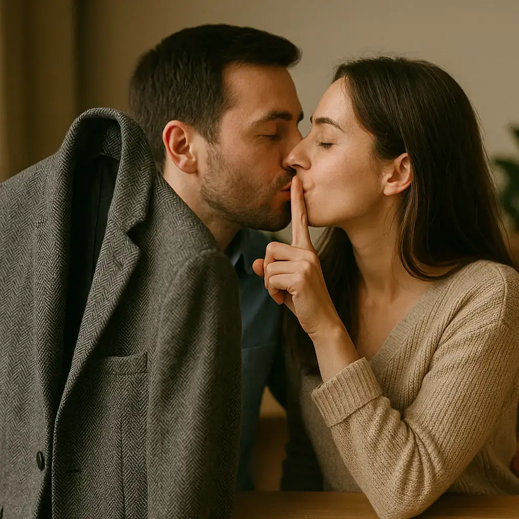 Liebespaar küsst sich heimlich, während die Frau den Finger zum Schweigen an die Lippen hält – Symbol für eine diskrete, versteckte Liebesbeziehungen.