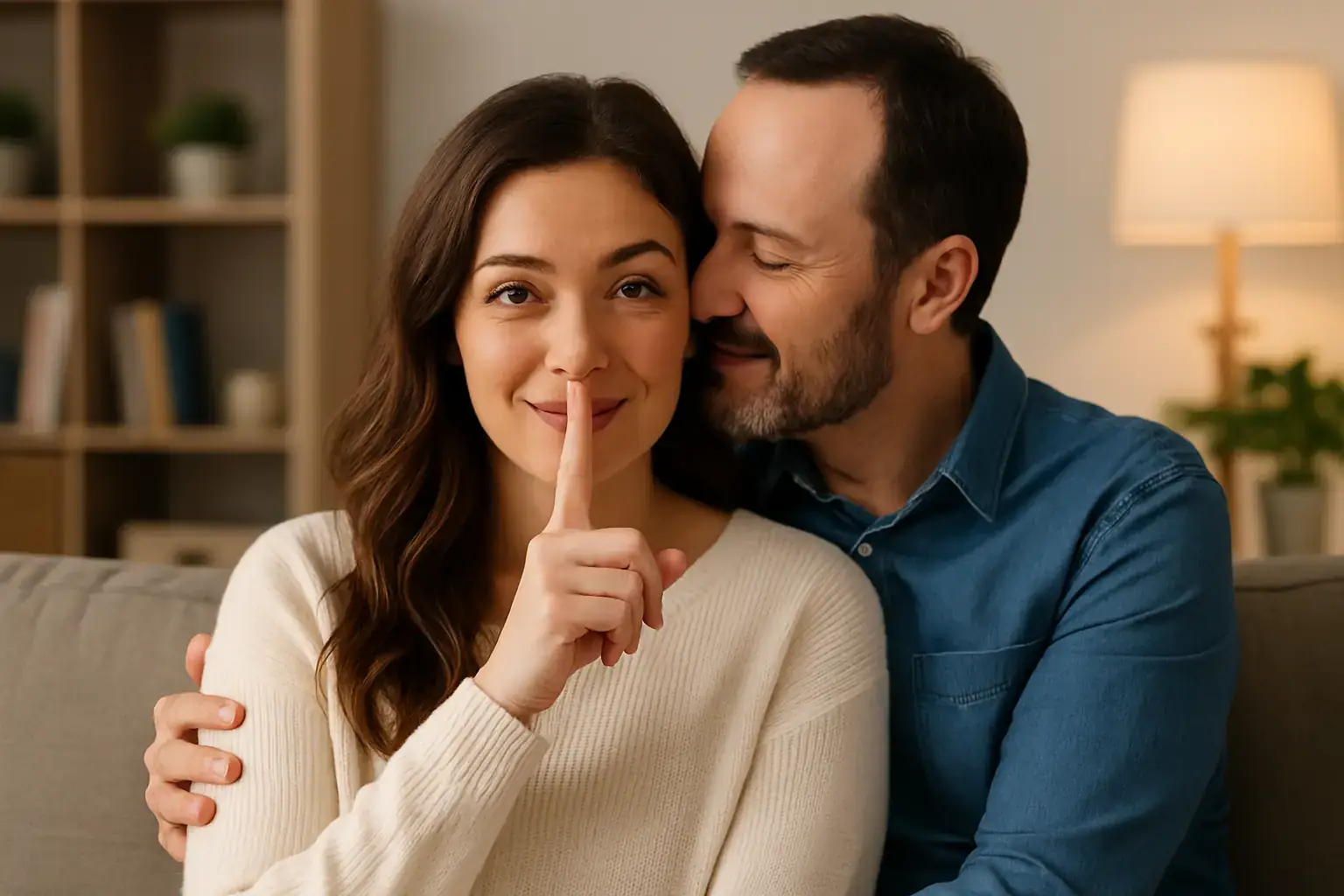 Paar sitzt eng umschlungen auf dem Sofa, die Frau lächelt und legt den Finger auf die Lippen – Symbol für Vertrauen, Nähe und eine kleine weiße Lüge.