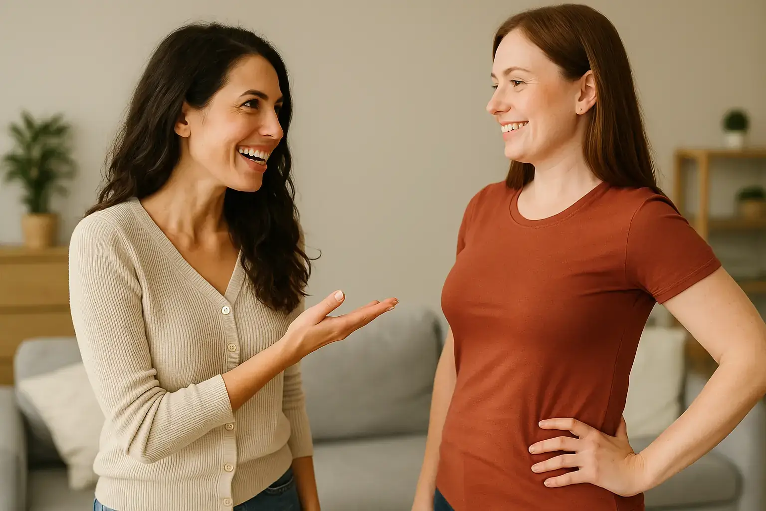 Zwei Frauen im Gespräch, eine macht der anderen lächelnd ein Kompliment – eine Szene, die eine weiße Lüge freundlich andeutet.